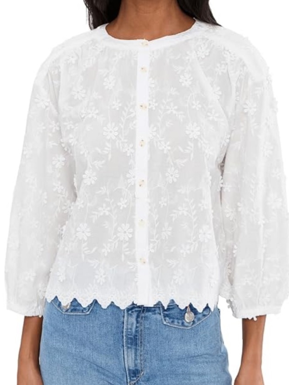 Mododoc White Floral Embroidered Button Down Blouse Size S